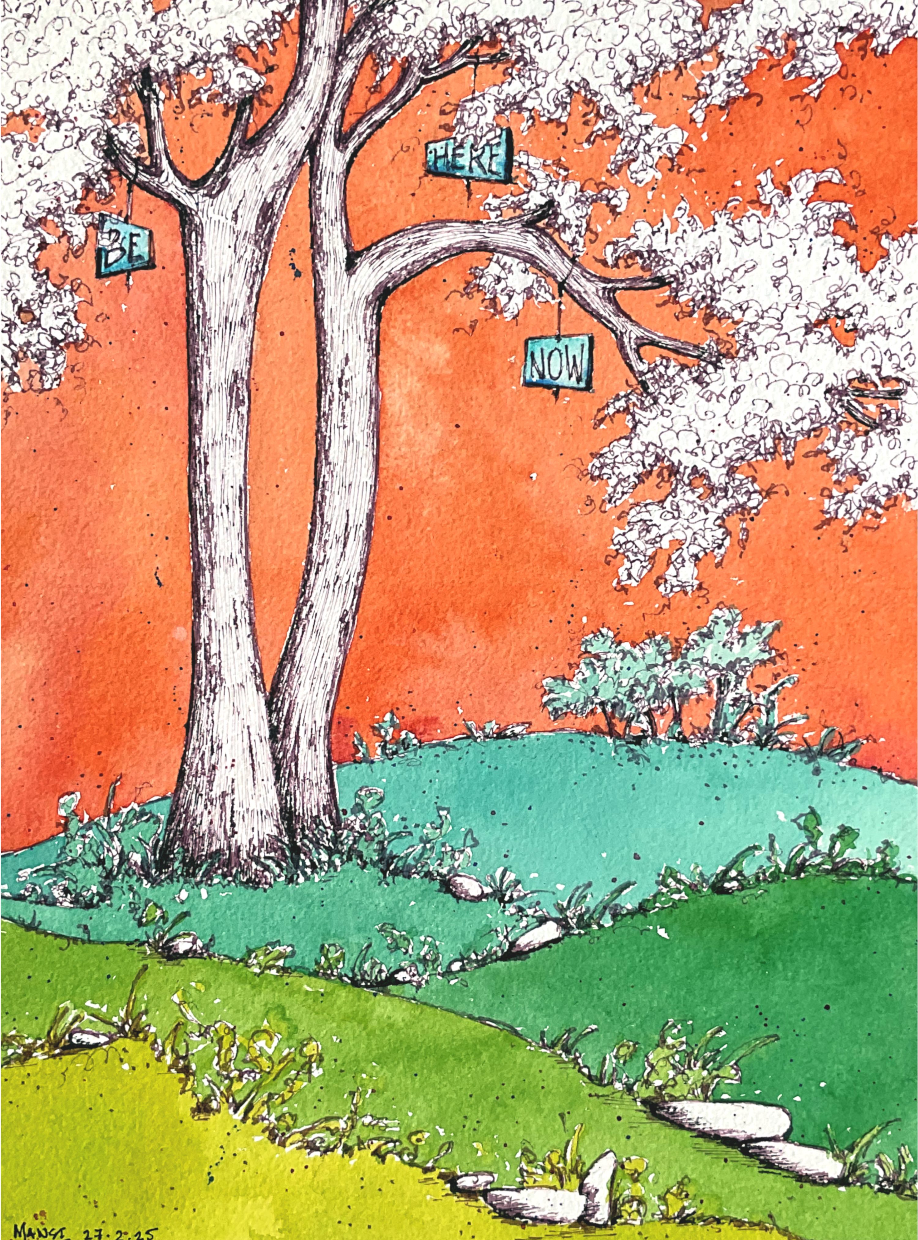 Be Here Now — ink and watercolour artwork exploring an imagined landscape, by Mansi Gupta